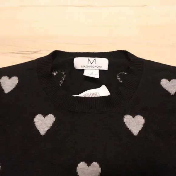M Magaschoni Women M Sweater Black Gray Heart Print Pullover Stretch Knit - Picture 3 of 7